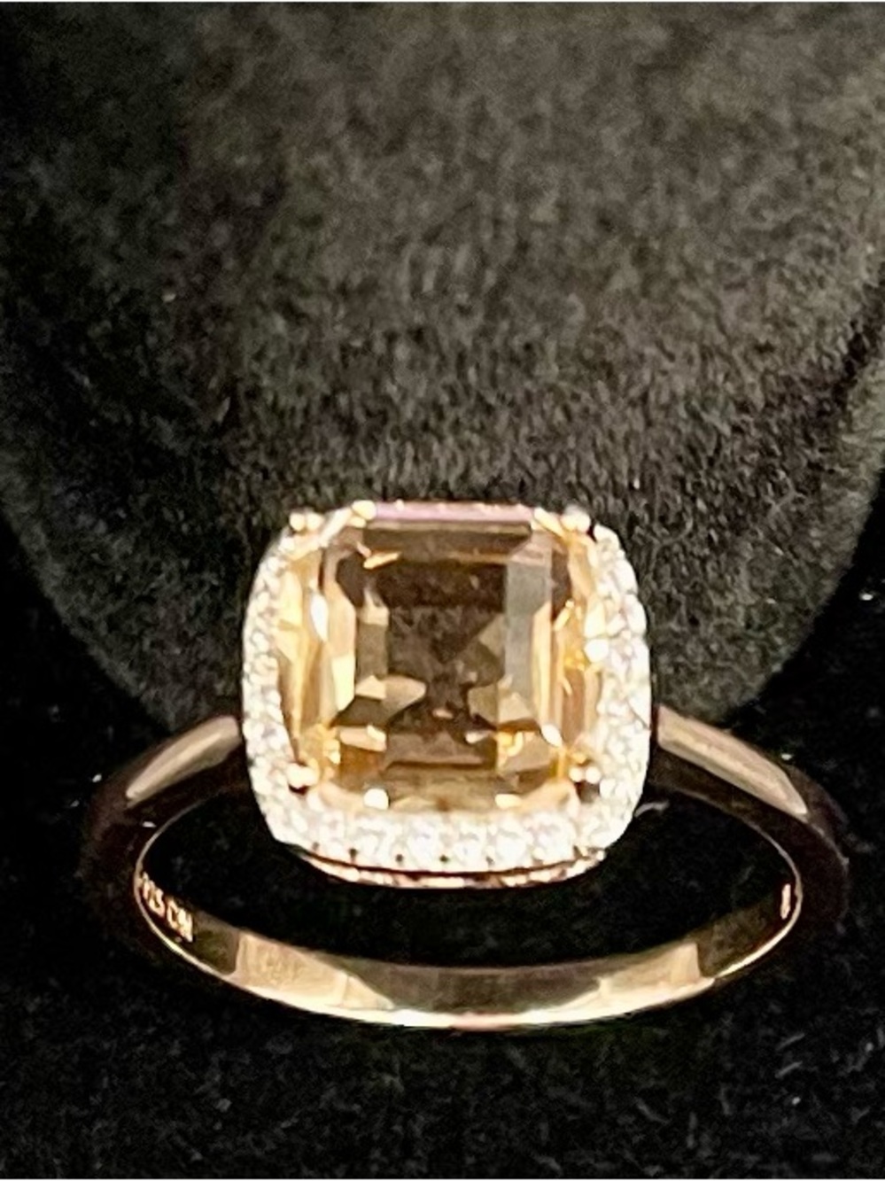 Genevieve Rose gold vermeil cushion/emerald cut champagne cz .925 SS halo ring 8
